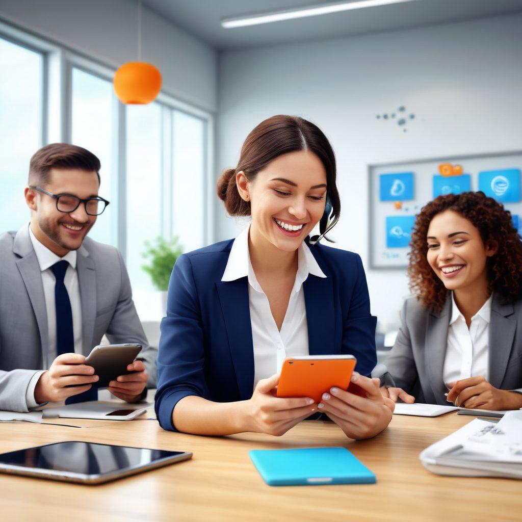 A vibrant, modern office scene where diverse individuals are joyfully interacting with telecom technology, like smartphones and tablets, showcasing smiles and satisfaction. Include subtle elements that represent various telecom solutions such as cloud symbols, connected devices, and vibrant communication waves. Ensure a bright and uplifting atmosphere with soft natural lighting. super-realistic. vibrant colors. 3D.