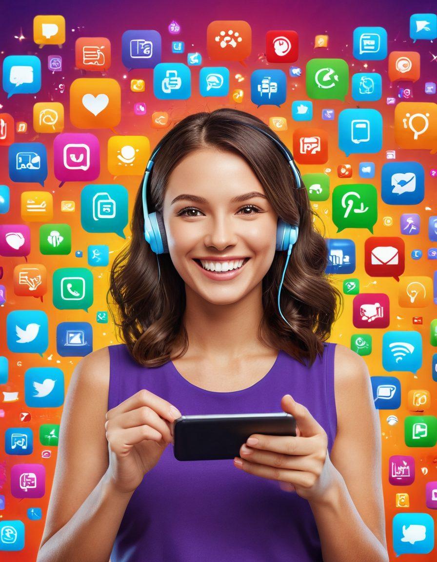 A vibrant scene depicting a joyful customer interacting with a smartphone, surrounded by colorful icons representing exceptional mobile services like customer support, apps, and connectivity. The background features smiling people and animated devices, showcasing a happy community. Bright, cheerful colors enhance the feeling of joy. super-realistic. vibrant colors. 3D.