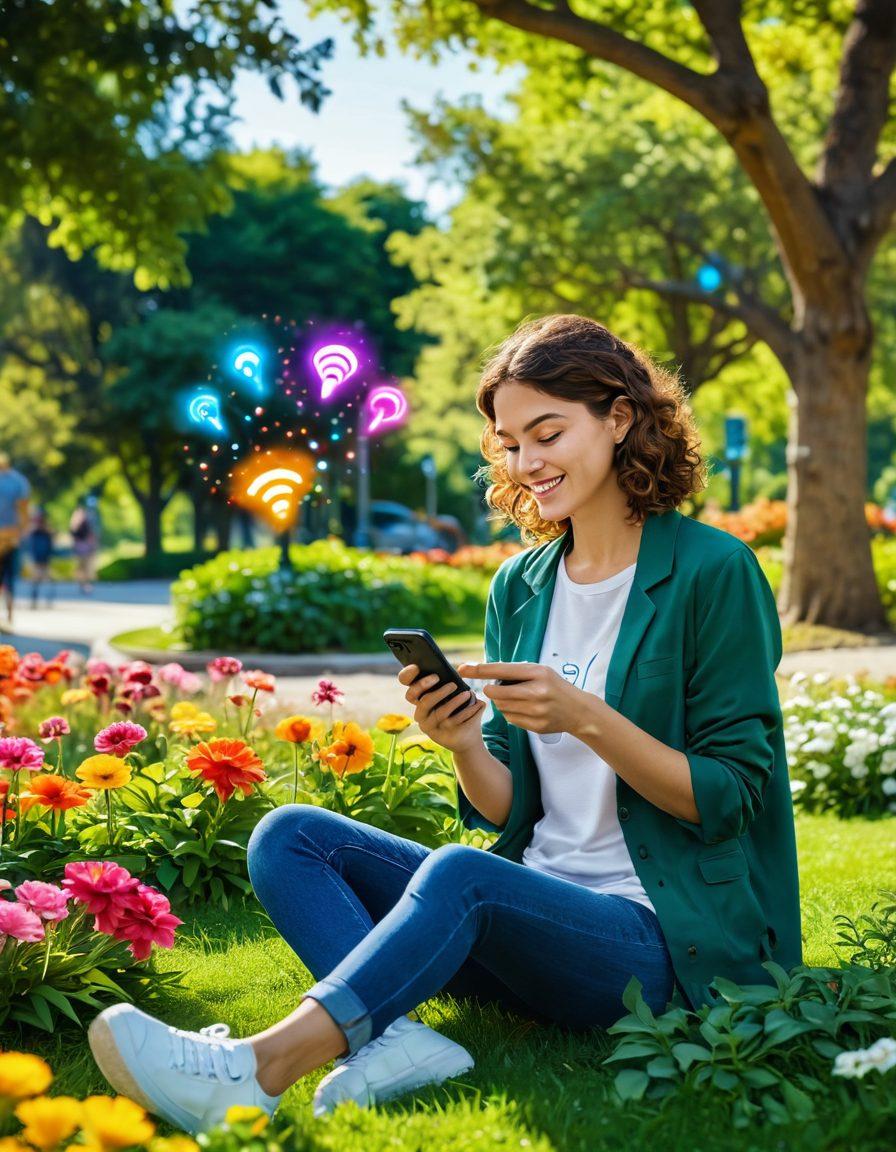 A joyful person using a smartphone in a vibrant, nature-filled park, surrounded by colorful flowers and greenery, with glowing connectivity symbols like Wi-Fi and signal bars radiating from the device, showcasing exceptional mobile connectivity. The scene radiates positivity and technology seamlessly blending with nature. super-realistic. vibrant colors.